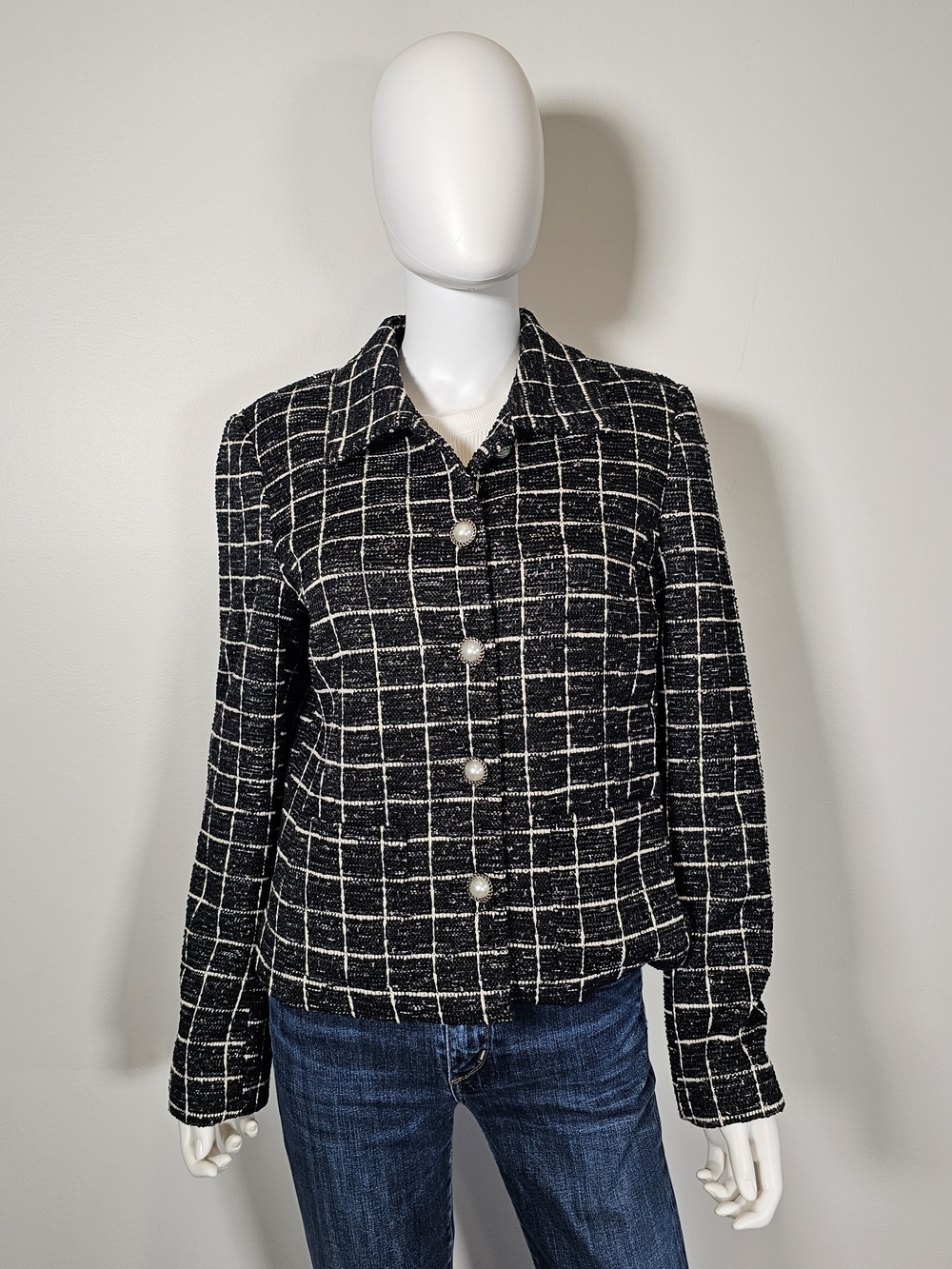 Melanie Lyne Black White Tweed Button Closure Blazer Sz 10